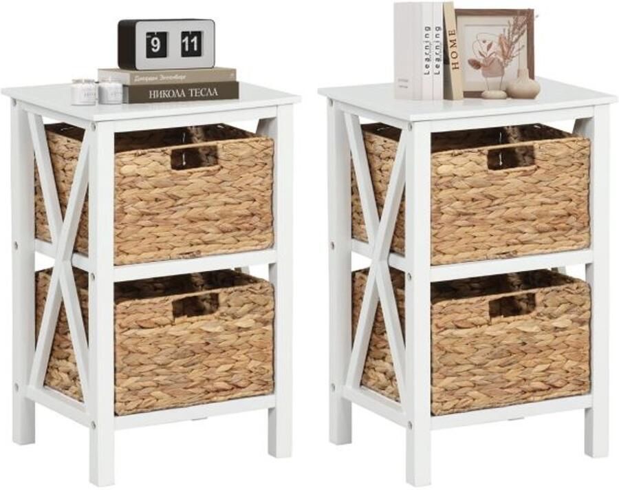 Furnibella -Set van 2 Nachtkastjes – 3 Niveaus 2 Zeegrasmanden & X-Design Klein Tafeltje (Wit)