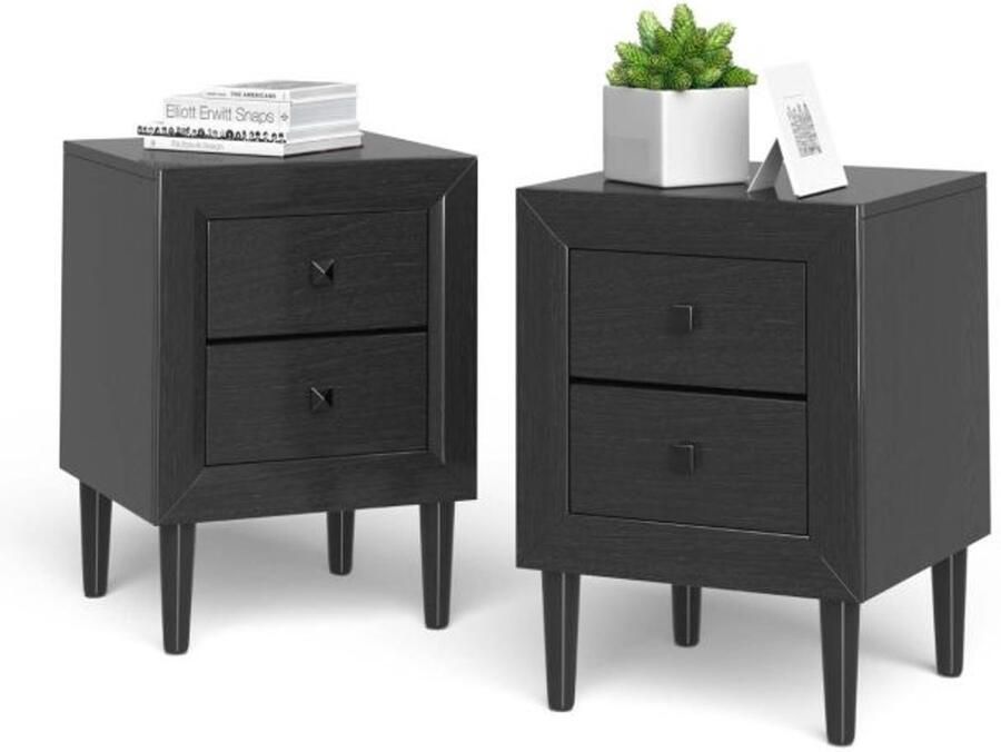 Furnibella -Set van 2 Nachtkastjes – Houten Bijzettafel met 2 Lades Moderne Salontafel (Zwart)