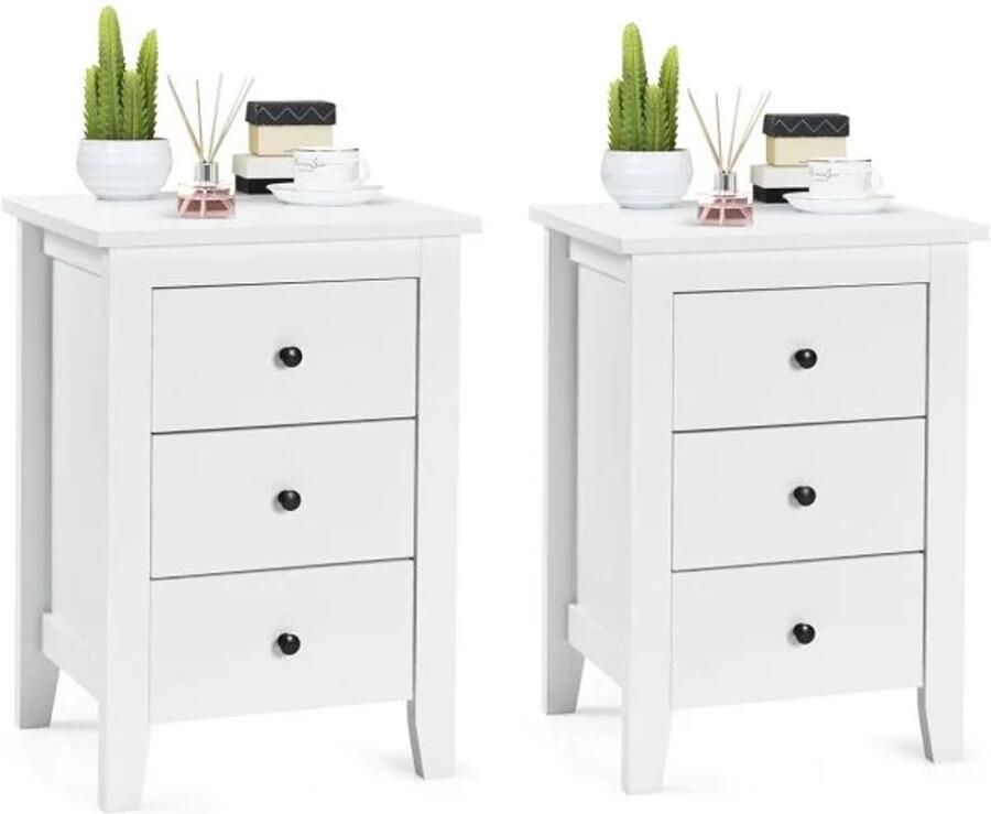Furnibella -Set van 2 Nachtkastjes met 3 Lades – Boxspringbed Nachtkastje 46 x 37 x 65 cm in Wit