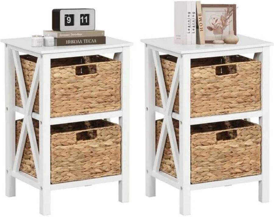 Furnibella Set van 2 Nachtkastjes met 3 Niveaus – 2 Zeegrasmanden en X-Design Frame (Wit)