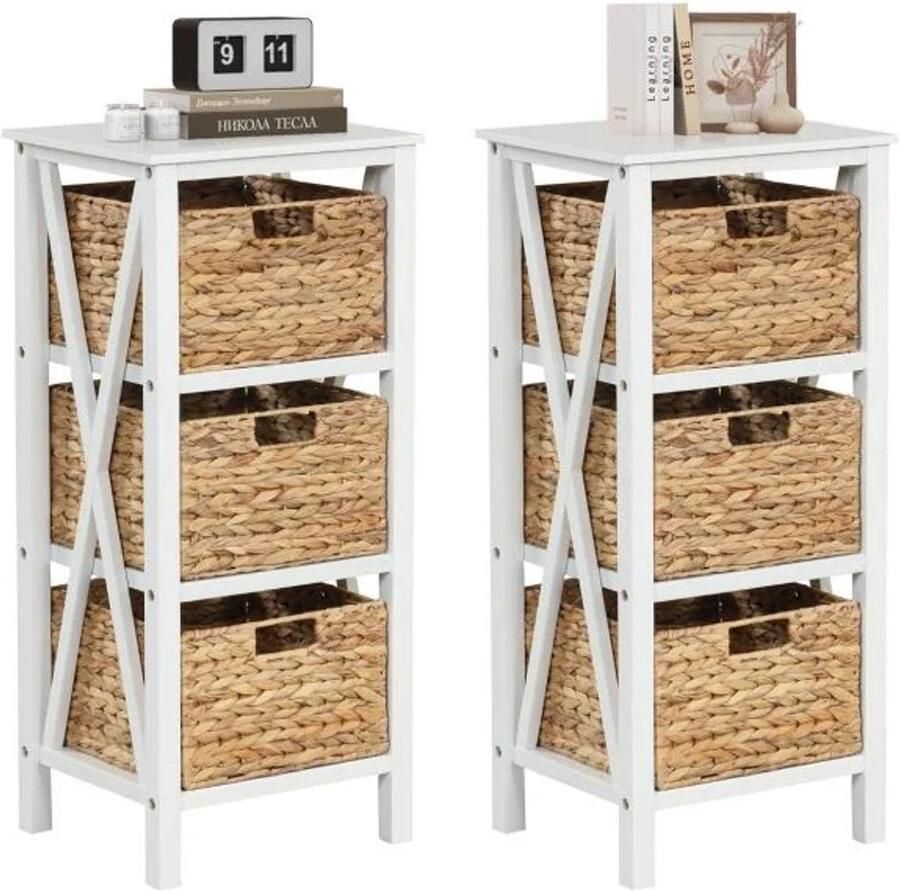 Furnibella Set van 2 Nachtkastjes met 4 Lagen – 3 Zeegrasmanden en X-Design Frame (Wit)