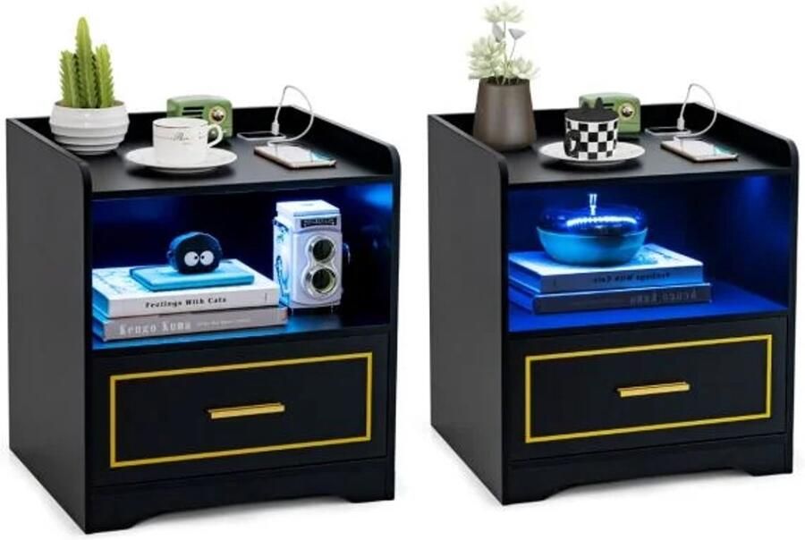 Furnibella -Set van 2 Nachtkastjes met LED USB & Type-C Oplaadstation – Bewegingssensor – Zwart