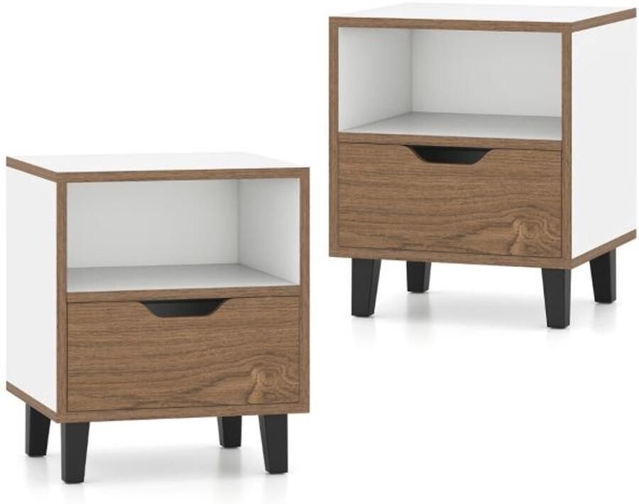 Furnibella -Set van 2 Nachtkastjes met Open Vak en Lade – Klein Bijzettafeltje en Salontafel in Natuurlijk en Wit