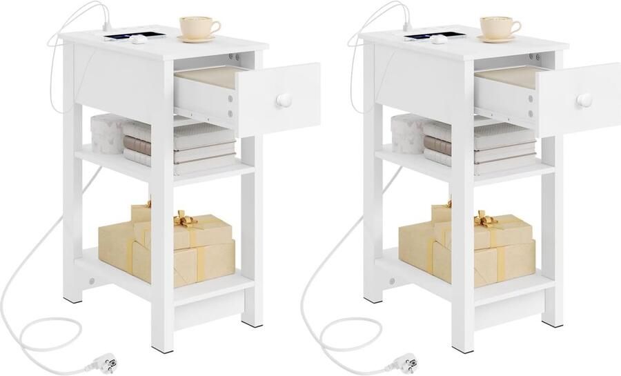 Furnibella -Set van 2 Nachtkastjes met Oplaadfunctie – Smal Bijzettafel met 2 Stopcontacten en 2 USB-Poorten Wit Modern