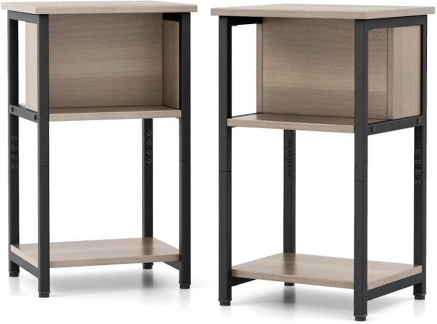 Furnibella -Set van 2 Nachtkastjes met Plank en Verstelbare Voetjes – Bijzettafel Salontafel (34 x 30 x 58 5 cm – Grijs Zwart)