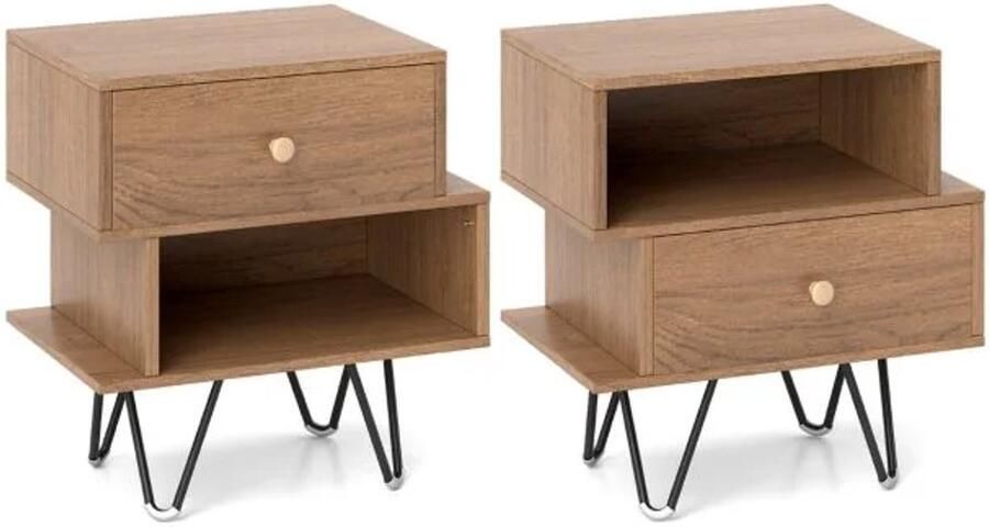Furnibella -Set van 2 Nachtkastjes met Uitneembare Lades en Open Vak – Mid-Century Modern Stijl (Natuurlijk)