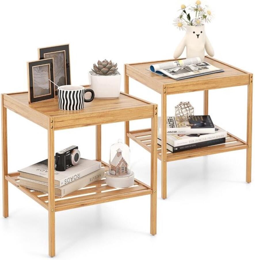 Furnibella -Set van 2 Nachtkastjes van Bamboe – 2-Laags Bijzettafeltje (40 x 40 x 45 cm – Natuurlijk)