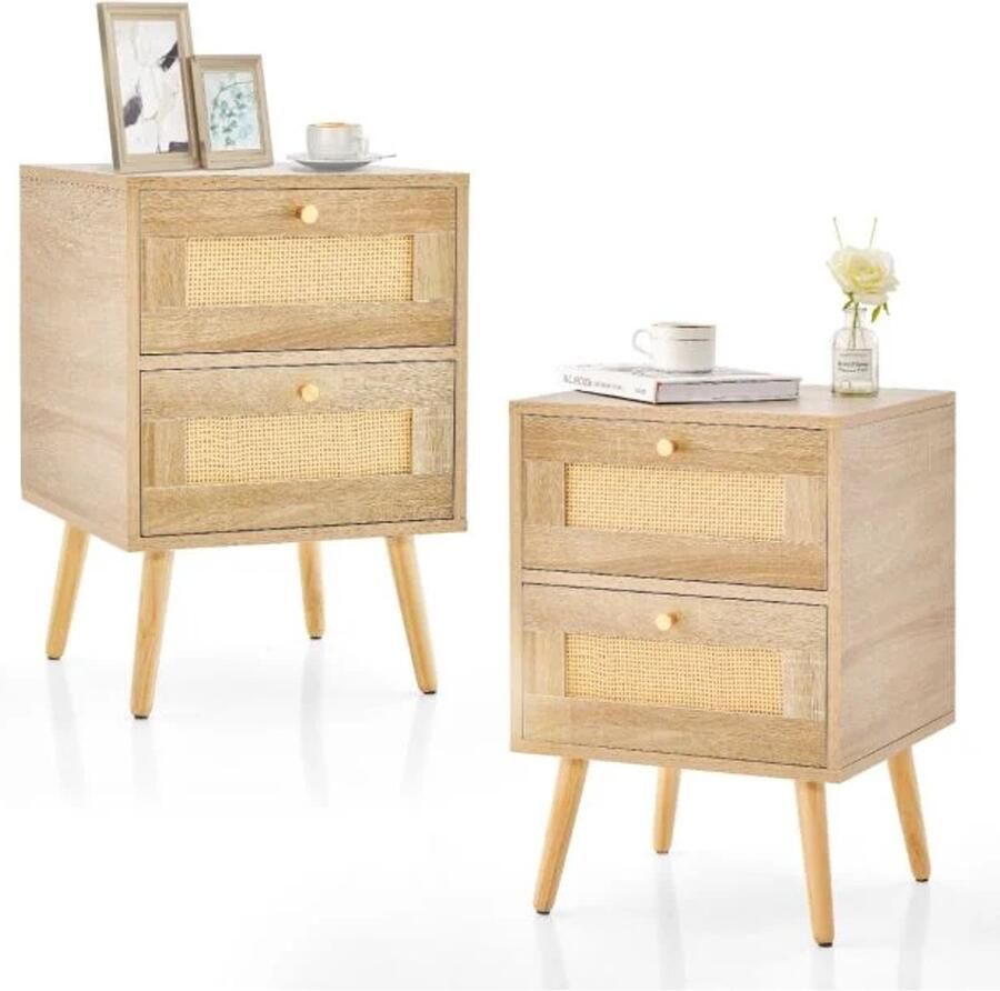 Furnibella -Set van 2 Rotan Nachtkastjes in Boho-Stijl – 2 Lades & Massief Houten Poten – Natuurlijk Design