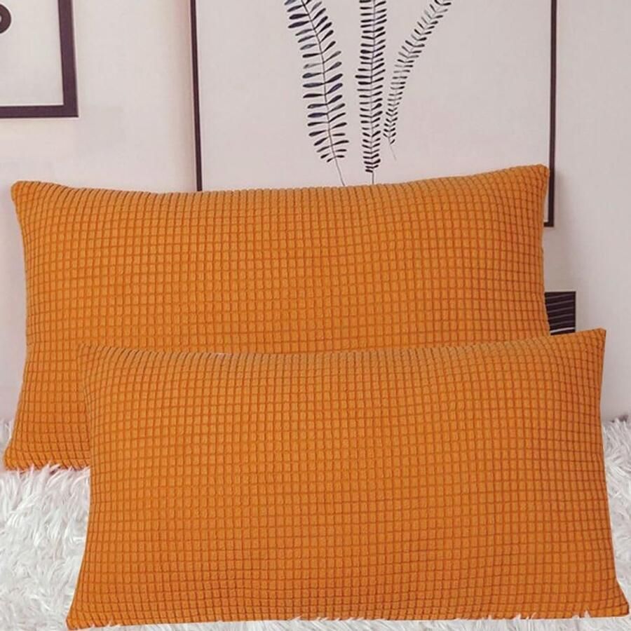 Furnibella -Set van 2 Stretch Kussenslopen 50x70 cm – Oranje Corduroy Sierkussenhoezen voor Bank of Bed Zacht & Duurzaam