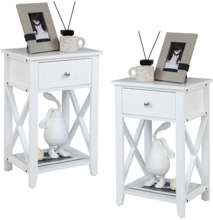 Furnibella -Set van 2 X-vormige Nachtkastjes met Lade en Open Opbergvak – Moderne Bijzettafel – 45 x 40 x 60 cm – Wit