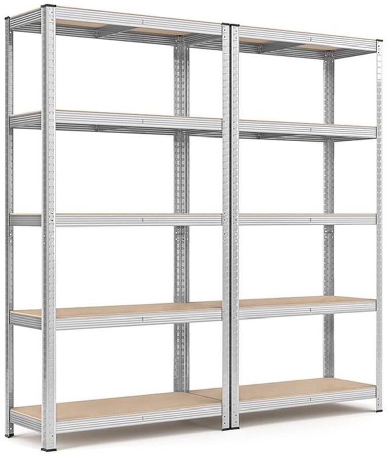 Furnibella _Set van 2 Zilverkleurige Opbergrekken 5 Verstelbare MDF Legborden per Rek Draagvermogen tot 875 kg Afmetingen 90 x 40 x 180 cm