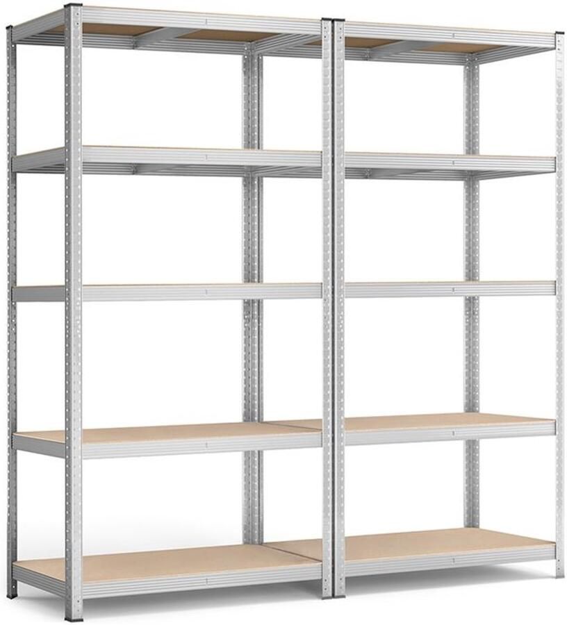 Furnibella _Set van 2 Zware Opbergrekken – 200x100x50 cm – Zilver – 5 Verstelbare Planken – Totale Draagkracht 875 kg – Metalen Stellingkasten voor Werkplaats en Magazijn