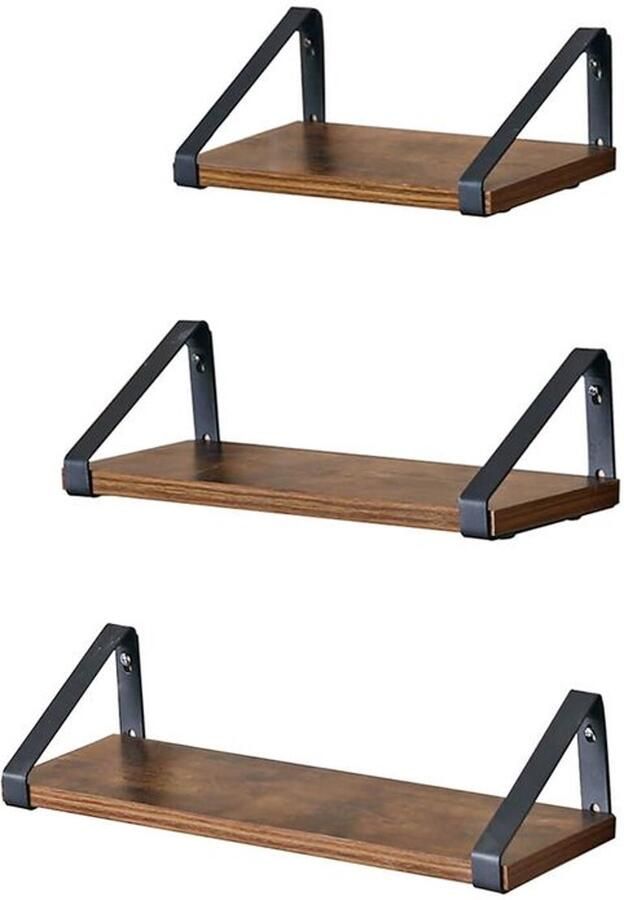 Furnibella -Set van 3 Industriële Wandplanken – Vintage Bruin-Zwart