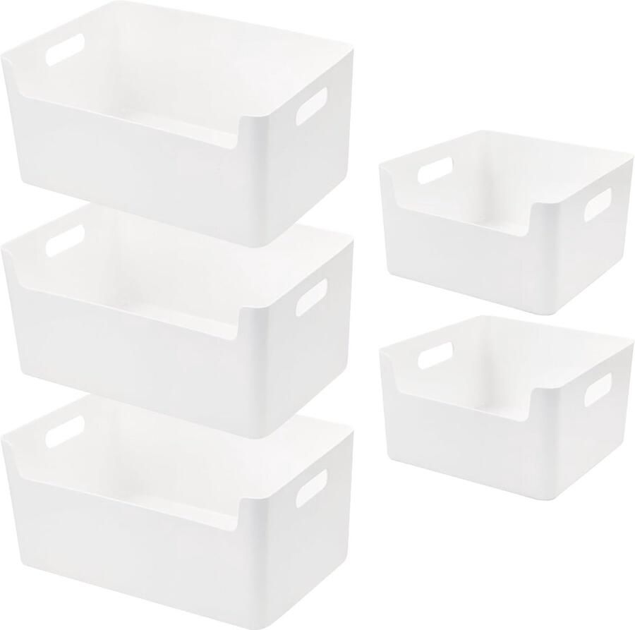 Furnibella -Set van 5 Opbergdozen – Kunststof Wit – 30 x 21 x 15 cm – Met Handgrepen & Lage Voorkant – Ideaal voor Keuken Badkamer Kast of Rek