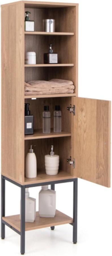 Furnibella -Smal vrijstaande badkamerkast – 6-laags hoge kast met deur wit natuur 38x30x146 cm