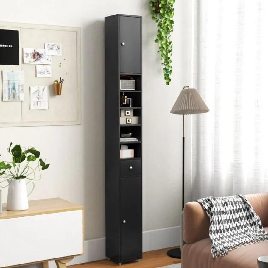 Furnibella -Smalle Hoge Badkamerkast met 2 Deuren en 1 Lade – Ruimtebesparend & Stijlvol-ZWART