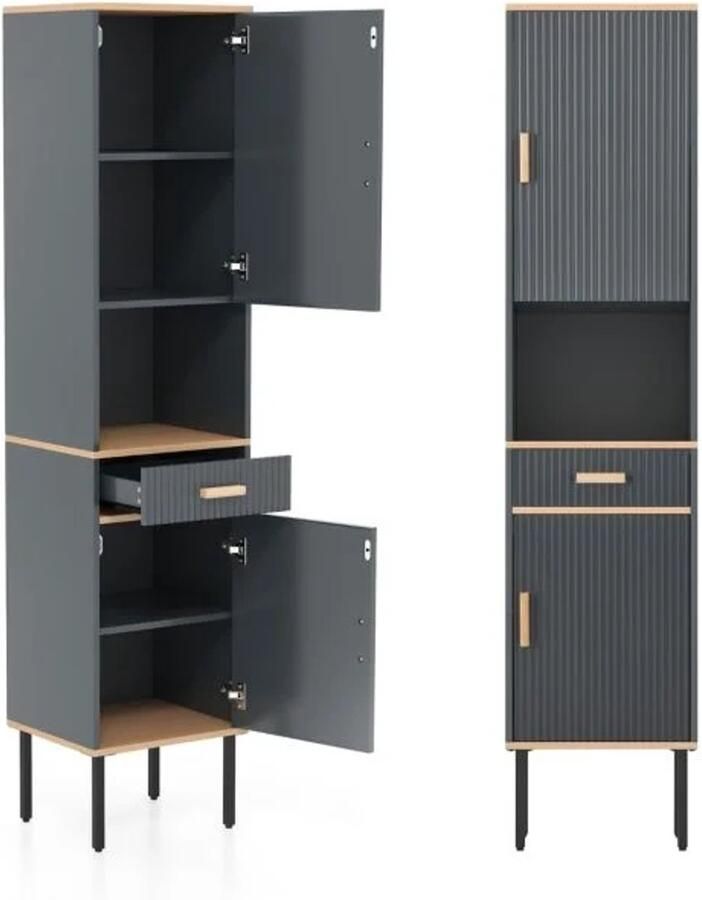 Furnibella Smalle Hoge Kast met 5 Compartimenten 2 Deuren en Verstelbare Planken (Grijs)