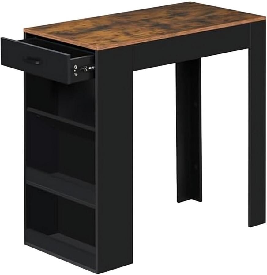 Furnibella -Statafel met Wijnrek – Bartafel met 1 Lade en 3 Planken Smalle Keukentafel Vintage Bruin