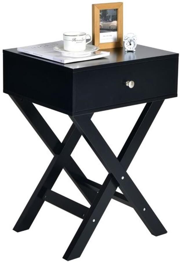 Furnibella Stijlvol Nachtkastje met Lades en X-Vormig Onderstel – Bijzettafel met Tafelblad – Zwart