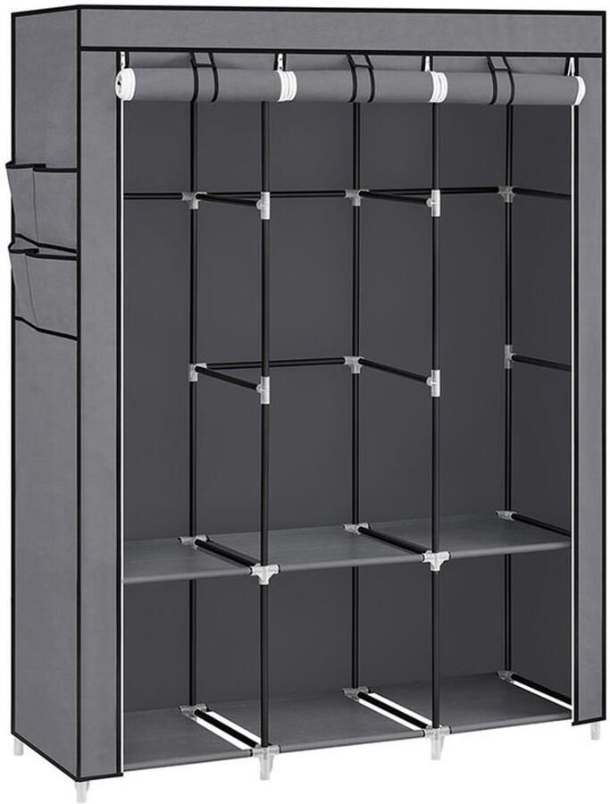 Furnibella _Stoffen Garderobekast met Drie Kledingroedes en Vier Zijvakken