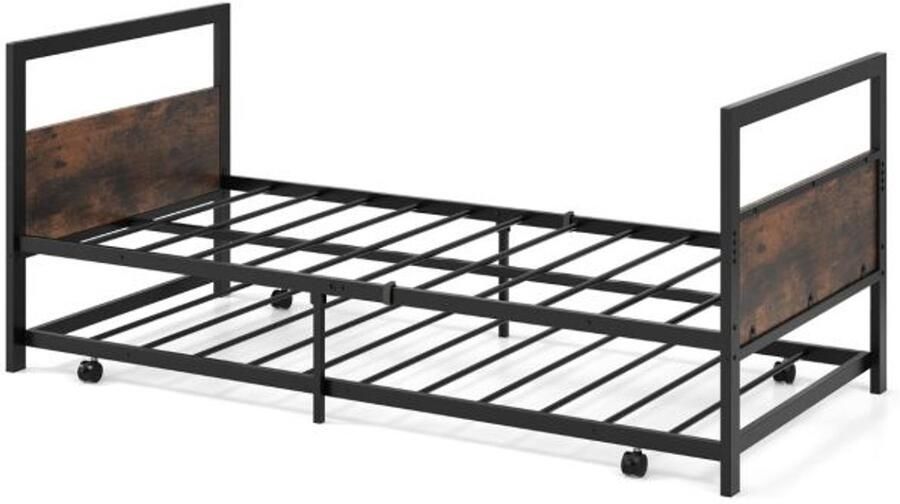 Furnibella =Uitschuifbaar Dagbed 90x200 cm – Logeerbed met Lattenbodem en Stevig Bedframe (Rustiek Bruin Zwart)