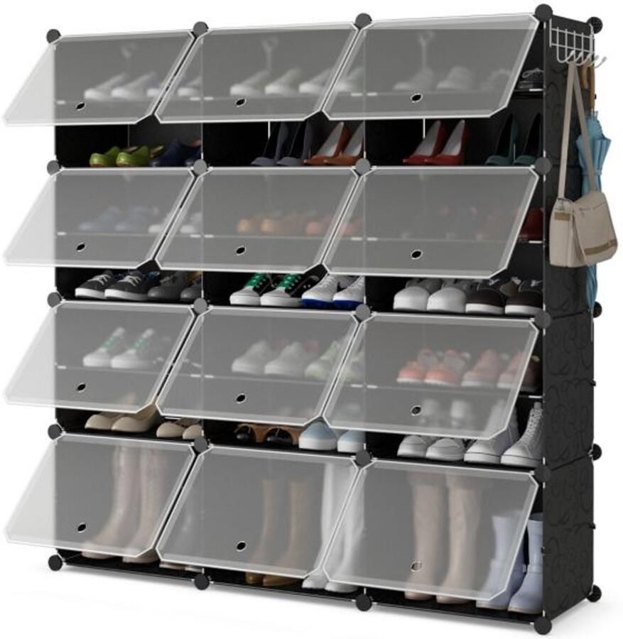 Furnibella -Uitschuifbaar Schoenenrek van Kunststof met 12 Vakverdelingen en Haken – Ideaal voor Schoenen- en Laarzenopslag-Zwart