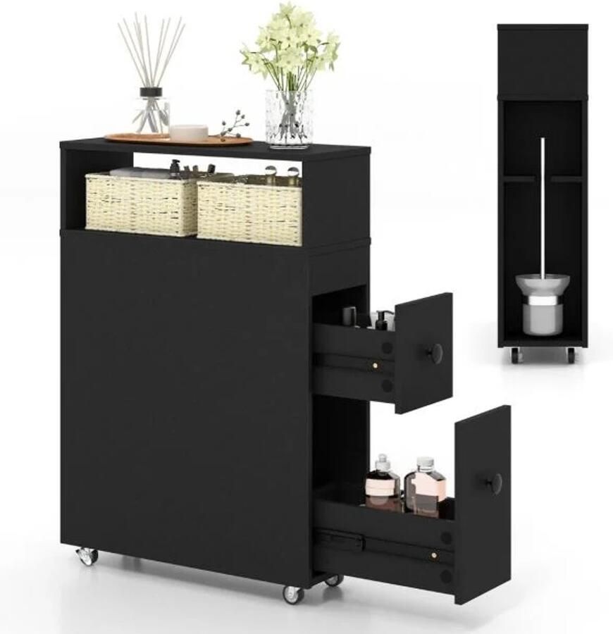 Furnibella -Verplaatsbare Badkamerkast met Uittrekbare Lades en Borstelhouder – Compact & Praktisch-ZWART