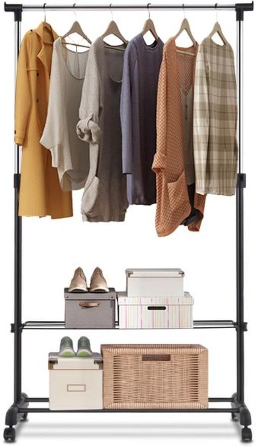 Furnibella -Verstelbaar Kledingrek met Wielen en Schoenenrek Zwart Multifunctionele Slaapkamergarderobe met Opbergruimte en Flexibele Hoogte