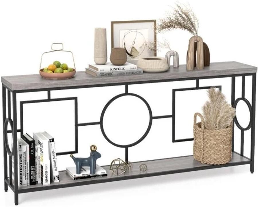 Furnibella -Vintage Bruin + Zwart-180 cm Console Tafel Smalle Salontafel met Twee Niveaus en Stijlvol Metaal Frame