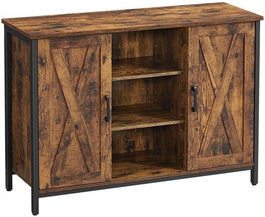 Furnibella -Vintage Bruin-Zwart Dressoir Massief Hout Robuust Ontwerp Metalen Handgrepen en 3 Lade Compartimenten
