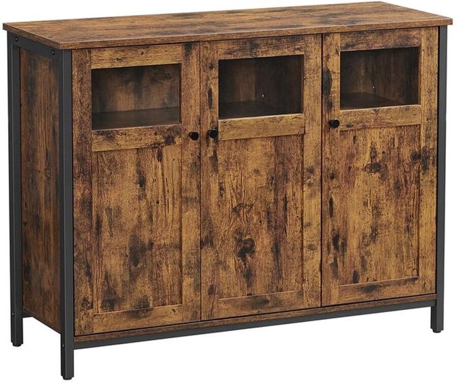Furnibella -Vintage Bruin-Zwart Dressoir met Eikenhouten Afwerking Retro Design en Elegante Metaalaccenten