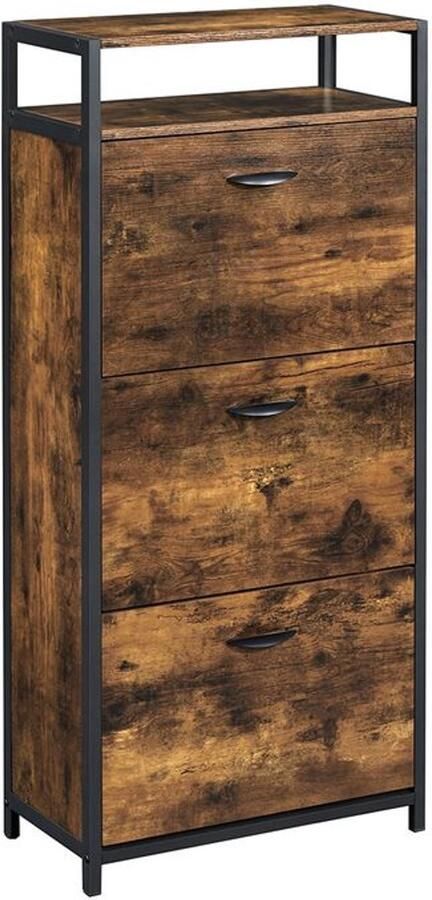 Furnibella -Vintage Bruine Schoenenkast met 3 Kleppen in Combinatie van Bruin en Zwart – Duurzaam Hout Stijlvol Design en Functionele Indeling