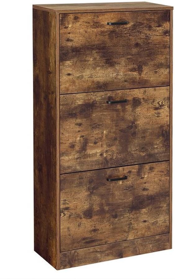 Furnibella -Vintage Bruine Schoenenkast met 3 Kleppen – Stijlvolle Opbergruimte met Robuuste Houten Afwerking en Duurzaam Design