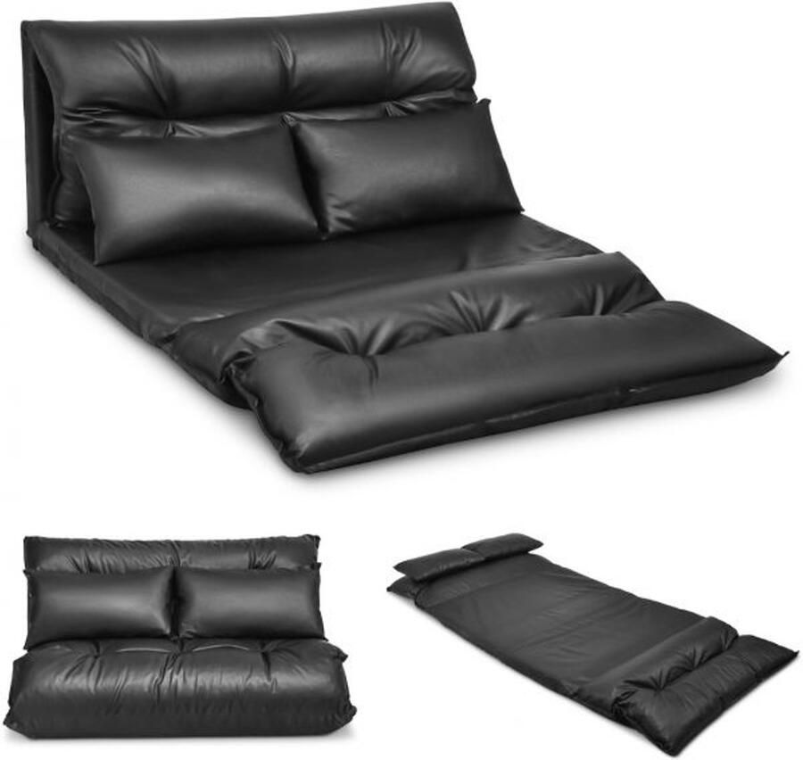 Furnibella Vloerbank met 2 Kussens – Verstelbare Opvouwbare Bank van Imitatieleer (Zwart)