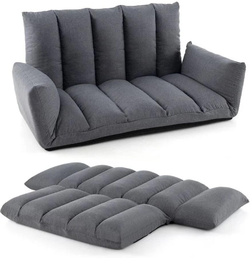 Furnibella -Vloerbank met 5-voudig verstelbare rugleuning en armleuningen relaxfauteuil voor woonkamer grijs