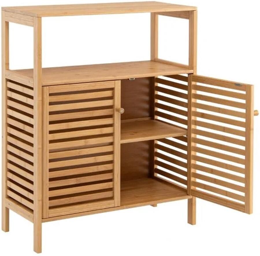 Furnibella -Vrijstaande badkamerkast – Bamboe kast met open plank 64x27 5x80 cm naturel