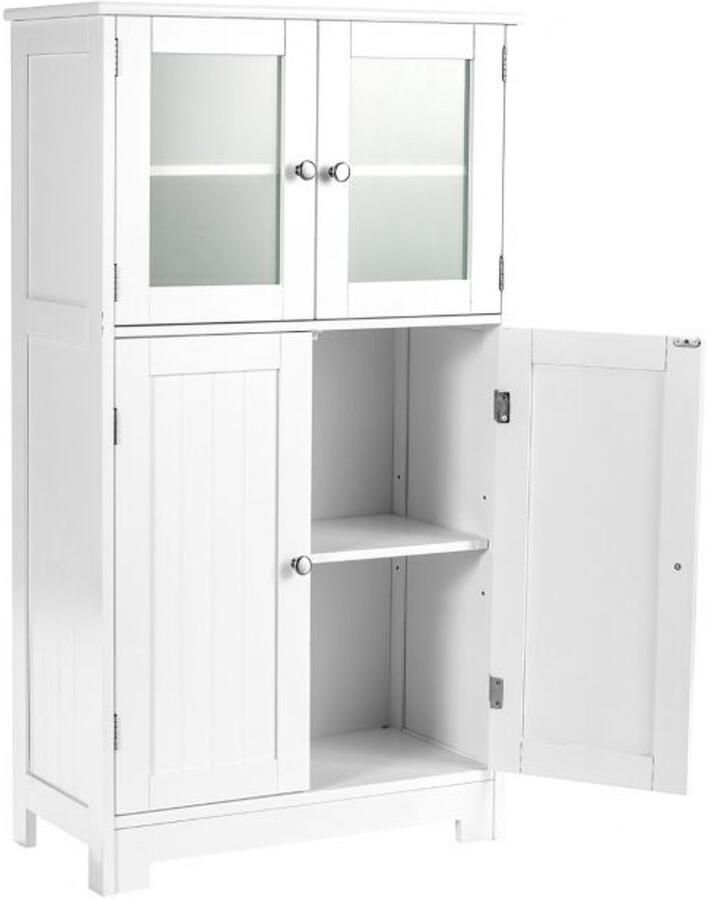 Furnibella Vrijstaande Badkamerkast met 4 Deuren en Glazen Panelen – Stijlvol & Ruim (Wit)