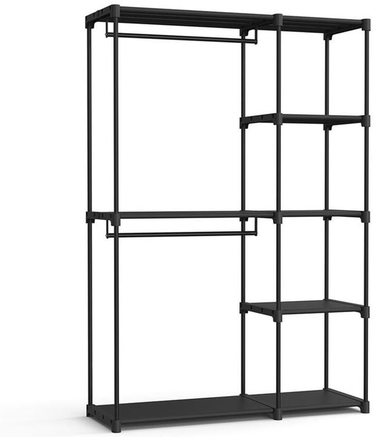 Furnibella _Vrijstaande open kledingkast met dubbele kledingroedes en stoffen planken metalen frame 43 x 124 x 182 cm zwart