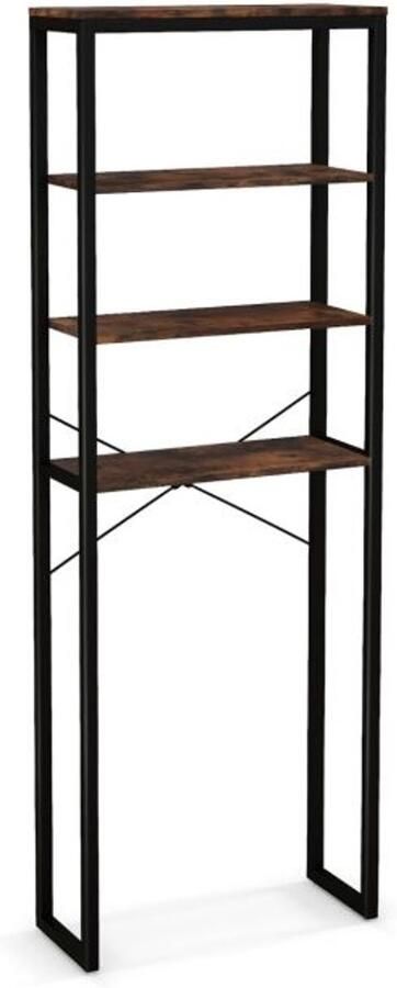 Furnibella -Vrijstaande toiletplank – 4-laags badkamerplank met metalen frame en anti-kantel ontwerp-Zwart + Rustiek Bruin