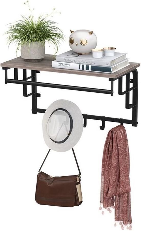 Furnibella _Wand kapstok met Plank – Industrieel Design Grijs & Zwart Stevige Metaal-Hout Combinatie