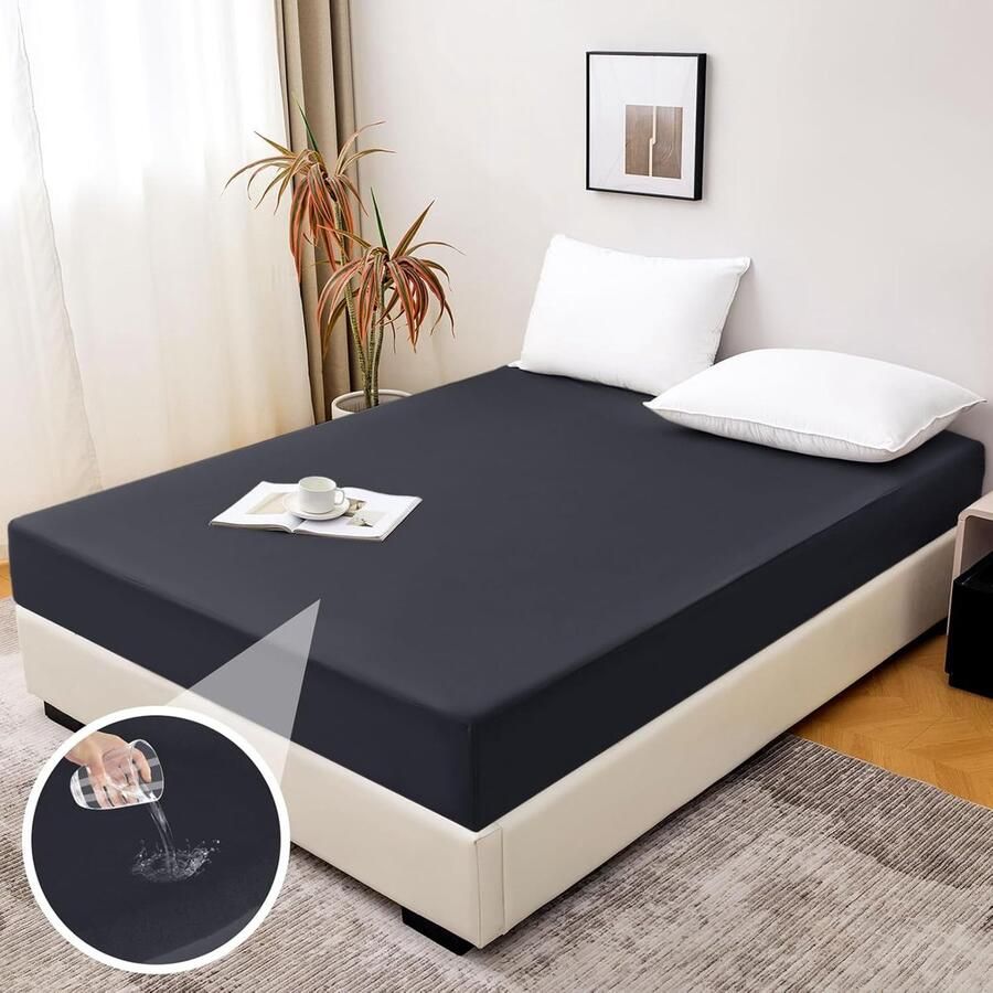 Furnibella Waterdicht Hoeslaken 200x200 cm Donkergrijs Ademend en Antislip Met Elastiek Rondom Geschikt voor Matrassen tot 30 cm Hoog