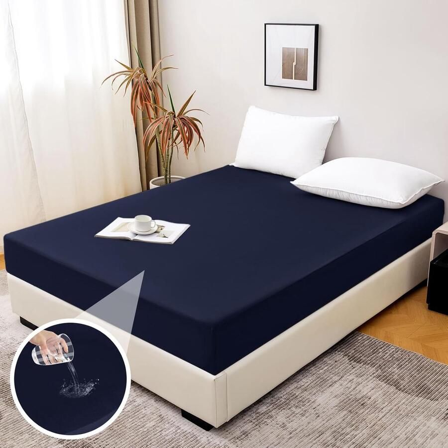 Furnibella Waterdicht Hoeslaken 200x200 cm Marineblauw Met Elastiek en Antislipfunctie Ademend en Geschikt voor Matrassen tot 30 cm Hoog