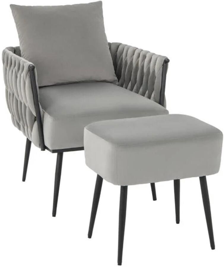 Furnibella -Wing Chair met Kruk – Stijlvolle Fauteuil met Gevlochten Rugleuning en Zacht Kussen (Grijs 58 cm Zitdiepte)