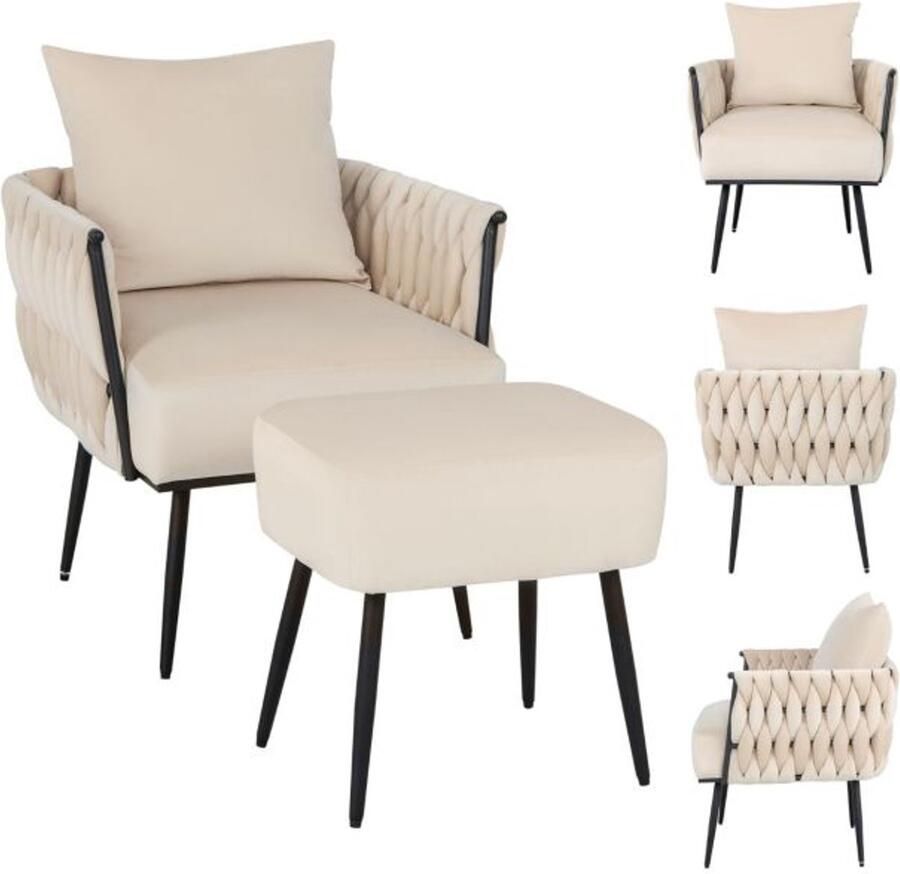 Furnibella Wing Chair met Kruk – Stijlvolle Fauteuil met Gevlochten Rugleuning en Zacht Kussen 58 cm Zitdiepte (Wit)
