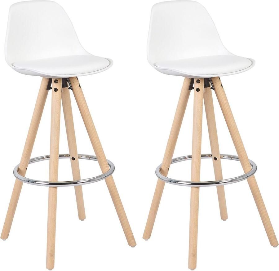 Furnibella Wit Barkrukken Barstoelen Set van 2 Stal Houten Poten Kunstleer met Rugleuning En Voetensteun -BH45ws-2