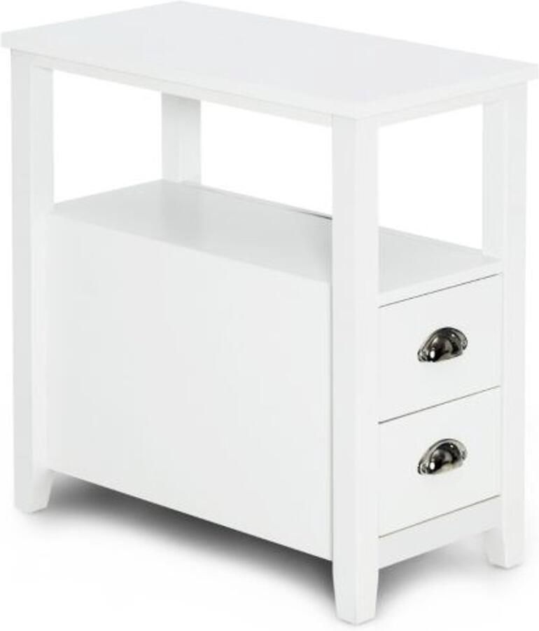Furnibella Wit Nachtkastje met 2 Lades en Open Plank – Bijzettafel met Metalen Handgrepen