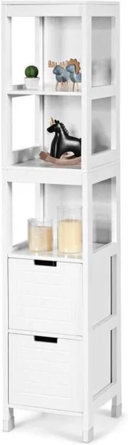 Furnibella -Witte houten badkamer hoge kast – Met 2 lades 30x30x144 5 cm