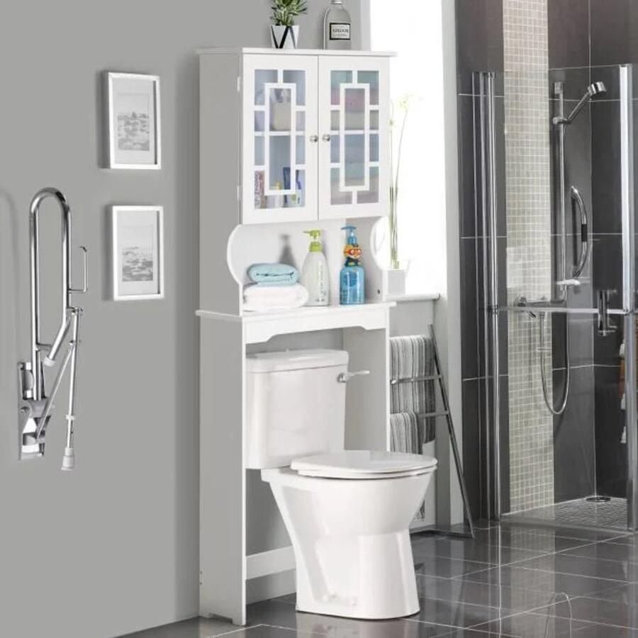Furnibella -Witte toiletkast – Badkamerplank met 3 planken toiletplank en wasmachinekast 60x22x170 5 cm