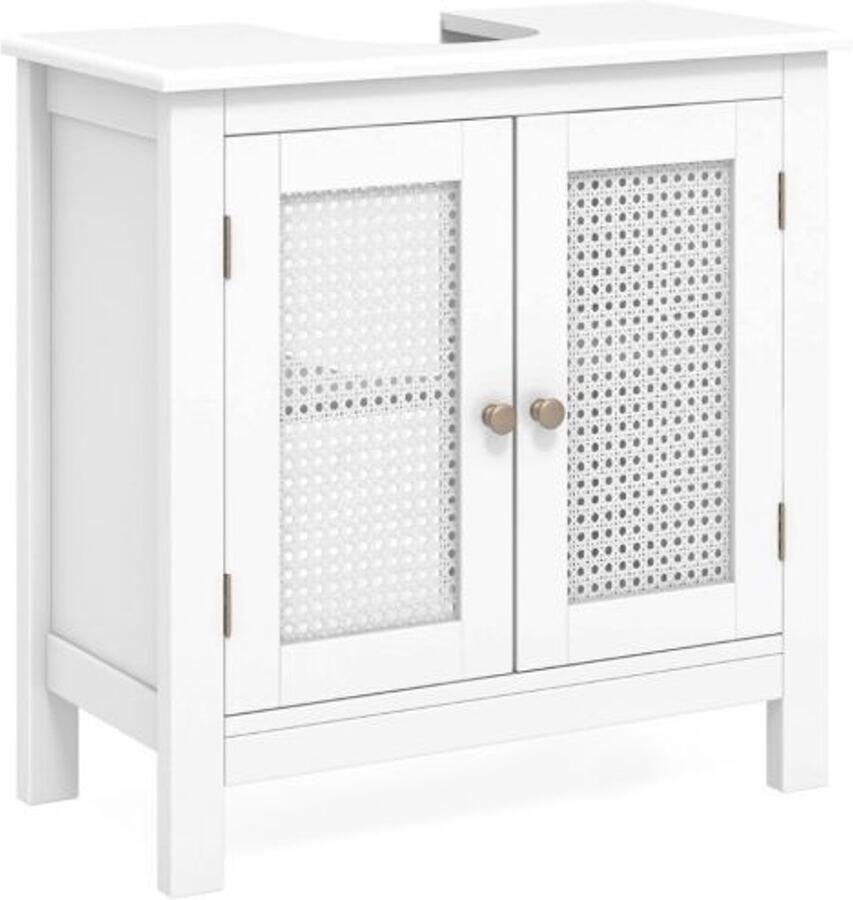 Furnibella -Witte wastafelkast – Badkamerkast met 2 rotan deuren 60x30x60 cm
