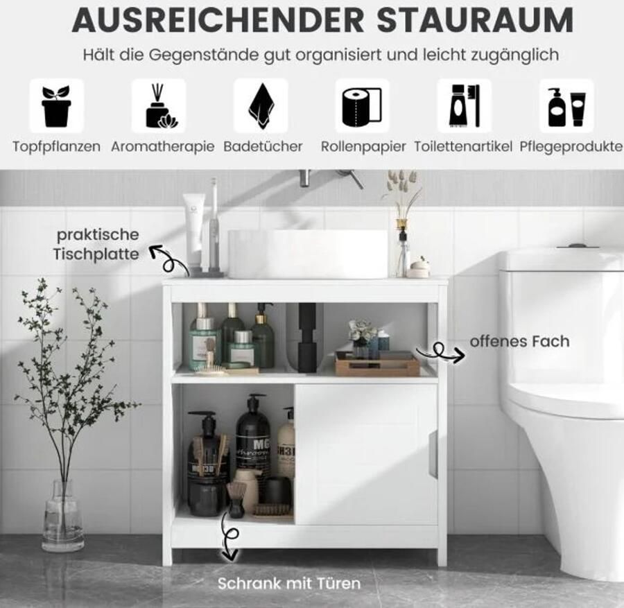 Furnibella -Witte wastafelkast – Badkameronderkast met 2 schuifdeuren 60x30x60 cm vrijstaand